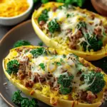 Stuffed Spaghetti Squash with Broccoli Spicy Italian Sausage and Cheddar Cheese