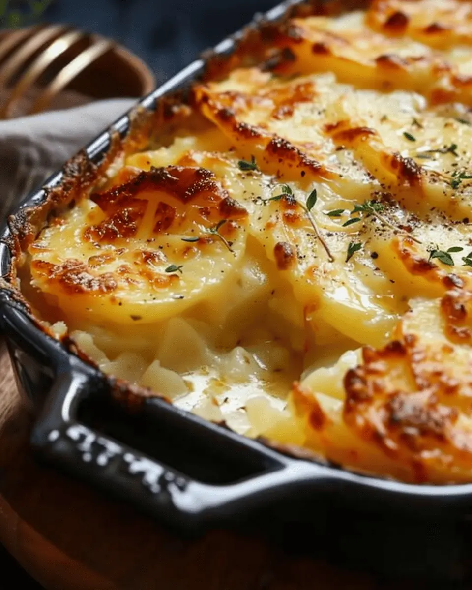 Cheesy Potato Gratin Casserole with Turkey Bacon and Chicken Ham