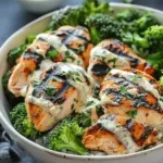 Grilled Chicken & Broccoli Bowls with Creamy Garlic Sauce