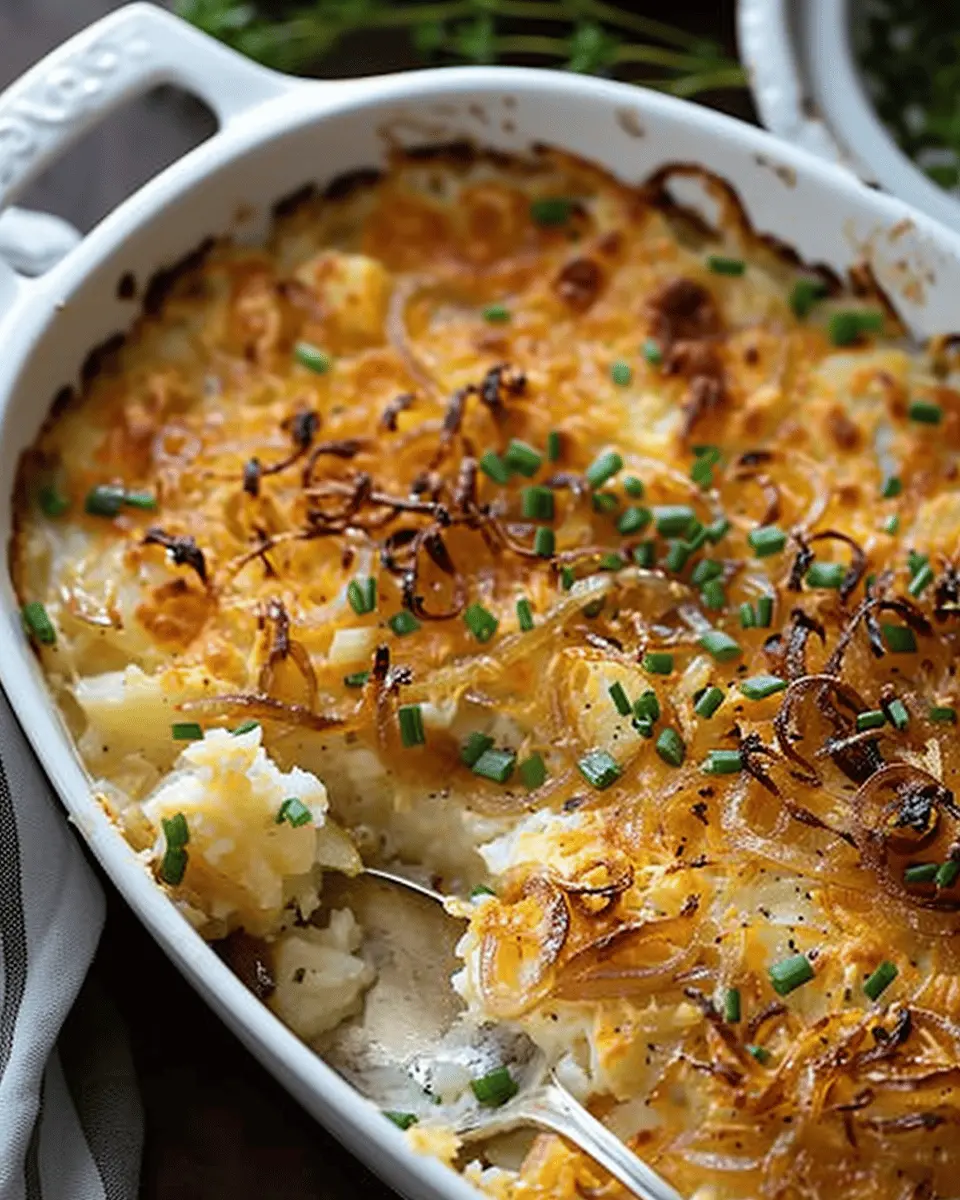 French Onion Funeral Potatoes with Turkey Bacon and Chicken Ham