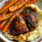 Honey Balsamic Chicken Thighs with Goat Cheese Mashed Potatoes and Roasted Carrots