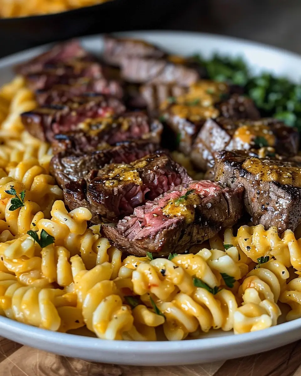 Spicy Garlic Butter Steak: Indulgent Cheddar Cream Rotini Delight