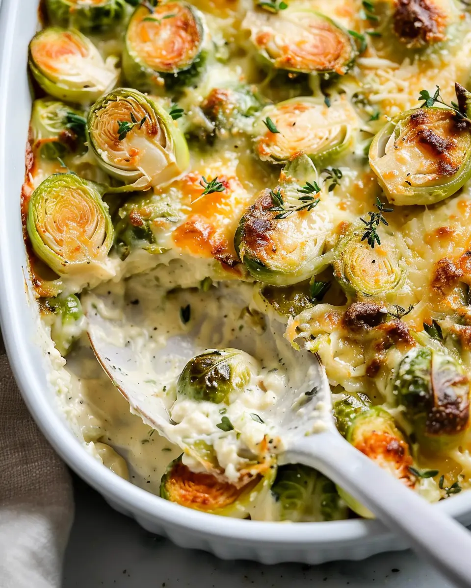 Garlicky Creamy Brussels Sprouts Au Gratin with Turkey Bacon Bliss