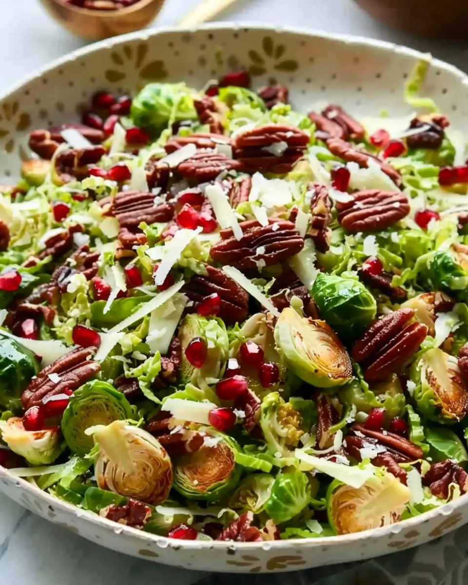 Shaved Brussels Sprout Salad Delight with Pomegranate and Candied Pecans