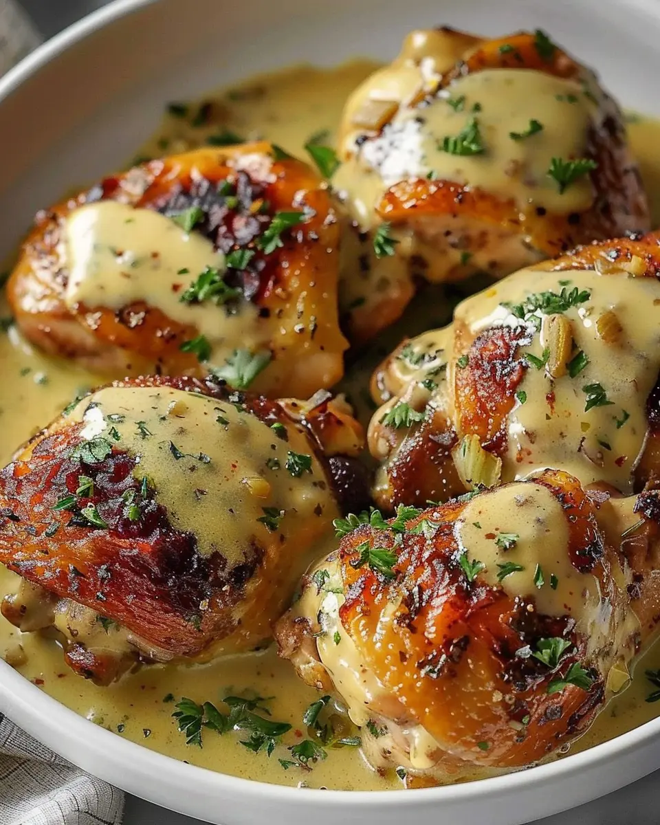 Creamy Baked Dijon Chicken Thighs with Turkey Bacon Delight