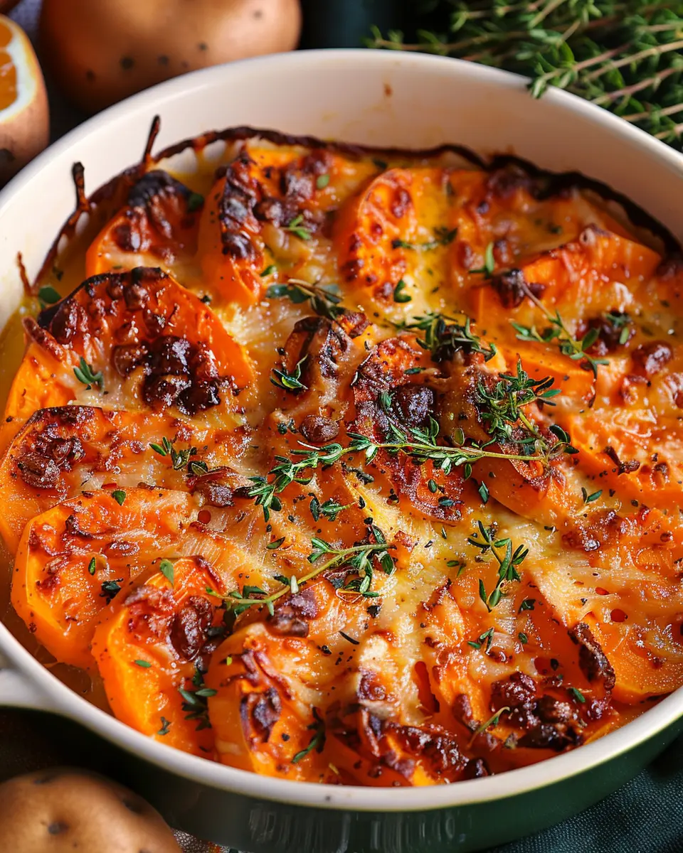 Sweet Potatoes au Gratin with Turkey Bacon: A Creamy Delight